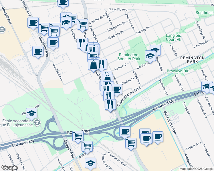 map of restaurants, bars, coffee shops, grocery stores, and more near 2814 Howard Avenue in Windsor