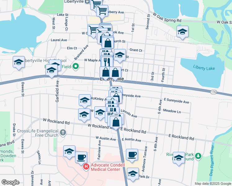 map of restaurants, bars, coffee shops, grocery stores, and more near 110 East Sunnyside Avenue in Libertyville