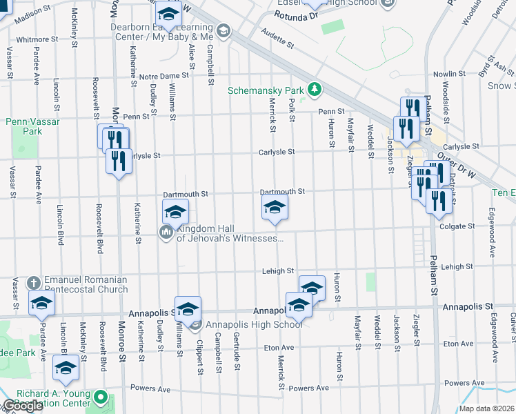 map of restaurants, bars, coffee shops, grocery stores, and more near 3921 Harding Street in Dearborn Heights