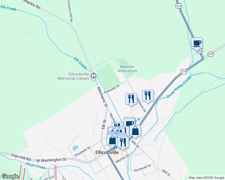 map of restaurants, bars, coffee shops, grocery stores, and more near 8-22 Parkside Drive in Ellicottville