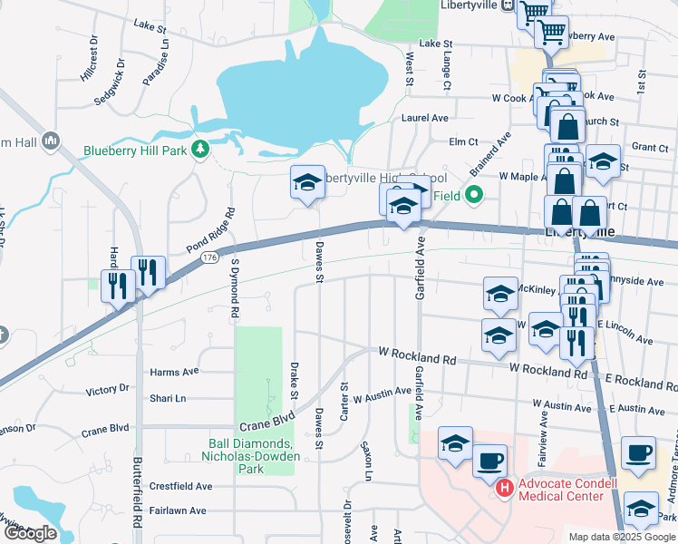 map of restaurants, bars, coffee shops, grocery stores, and more near 626 McKinley Avenue in Libertyville