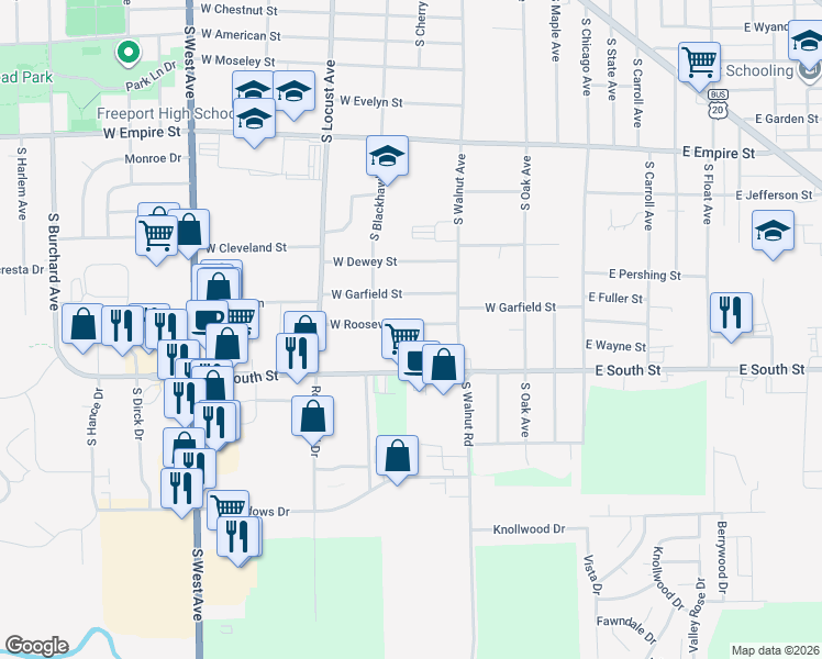 map of restaurants, bars, coffee shops, grocery stores, and more near 416 West Roosevelt Street in Freeport