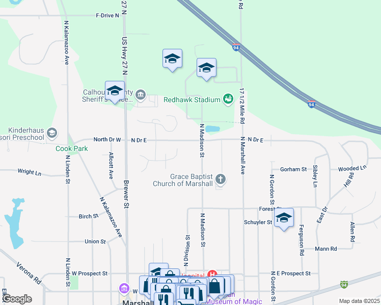 map of restaurants, bars, coffee shops, grocery stores, and more near 575 North Madison Street in Marshall