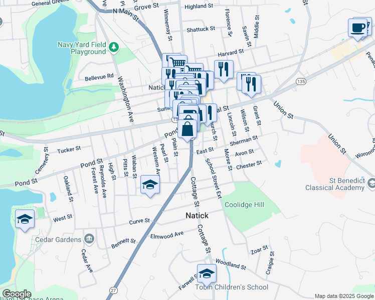 map of restaurants, bars, coffee shops, grocery stores, and more near 61 South Main Street in Natick