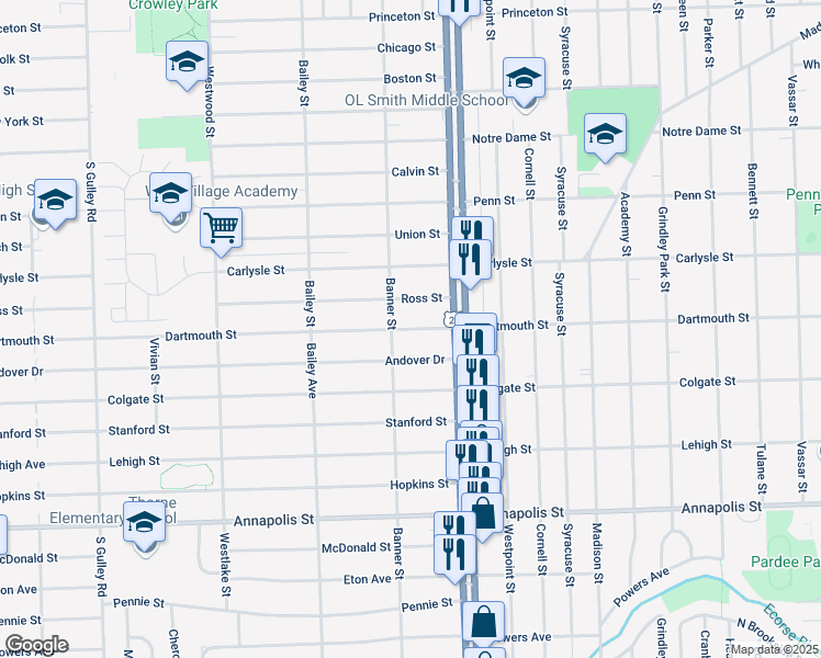 map of restaurants, bars, coffee shops, grocery stores, and more near 24154 Dartmouth Street in Dearborn Heights