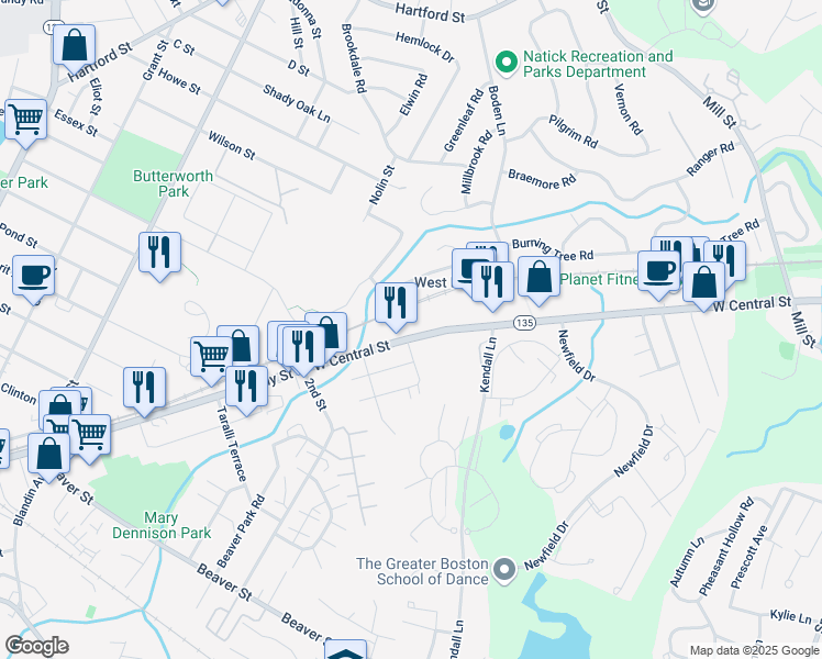 map of restaurants, bars, coffee shops, grocery stores, and more near 295 West Central Street in Natick