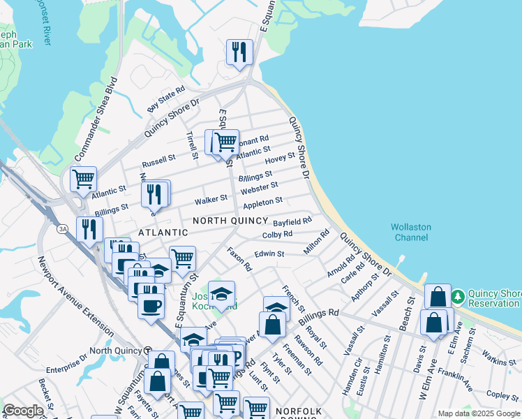 map of restaurants, bars, coffee shops, grocery stores, and more near 46 Appleton Street in Quincy