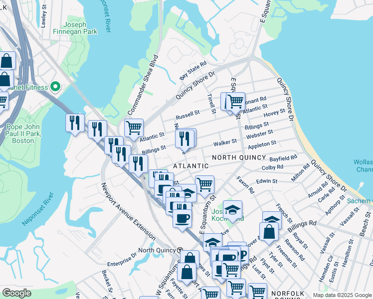 map of restaurants, bars, coffee shops, grocery stores, and more near 47 Newbury Avenue in Quincy
