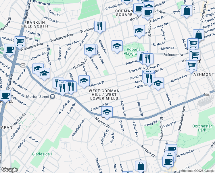 map of restaurants, bars, coffee shops, grocery stores, and more near 30 Maxwell Street in Boston