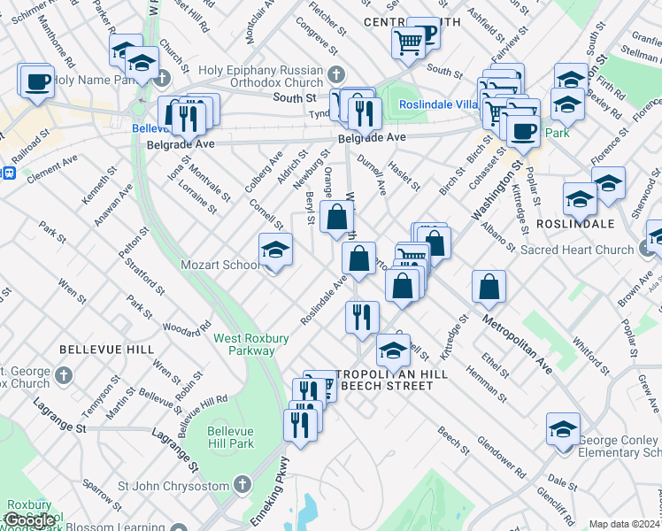 map of restaurants, bars, coffee shops, grocery stores, and more near 317 Cornell Street in Boston