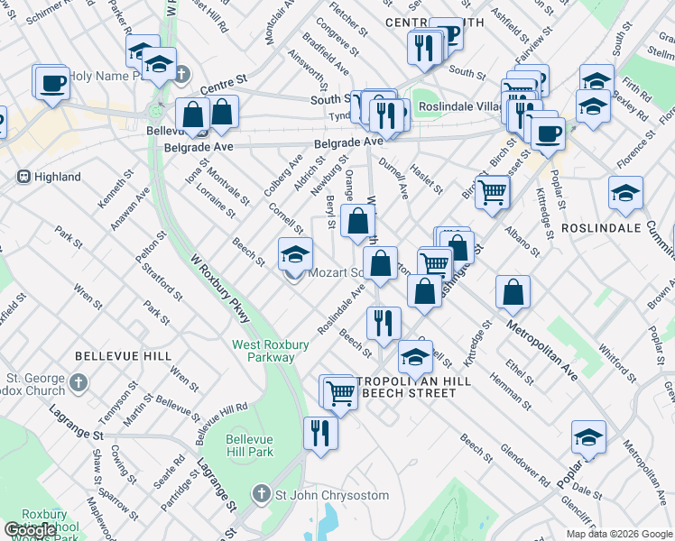map of restaurants, bars, coffee shops, grocery stores, and more near 317 Cornell Street in Boston