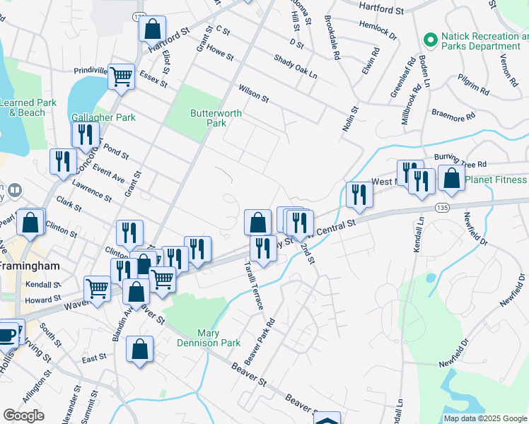 map of restaurants, bars, coffee shops, grocery stores, and more near 21 B Willis Street in Framingham