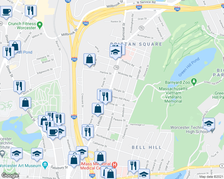 map of restaurants, bars, coffee shops, grocery stores, and more near 200 Lincoln Street in Worcester