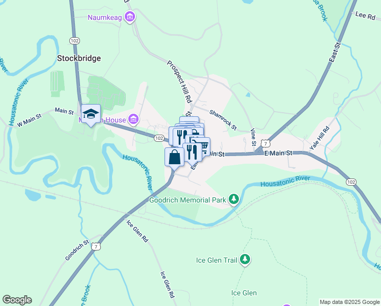 map of restaurants, bars, coffee shops, grocery stores, and more near 40 Main Street in Stockbridge