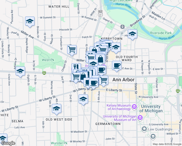 map of restaurants, bars, coffee shops, grocery stores, and more near 120 North Ashley Street in Ann Arbor