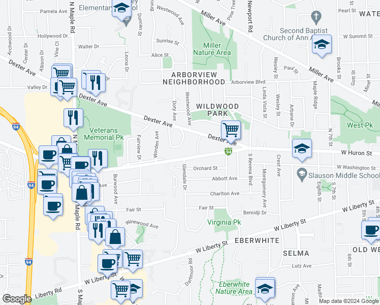 map of restaurants, bars, coffee shops, grocery stores, and more near 115 Grandview Drive in Ann Arbor