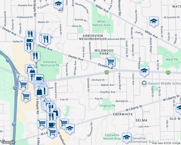map of restaurants, bars, coffee shops, grocery stores, and more near 117 Grandview Drive in Ann Arbor