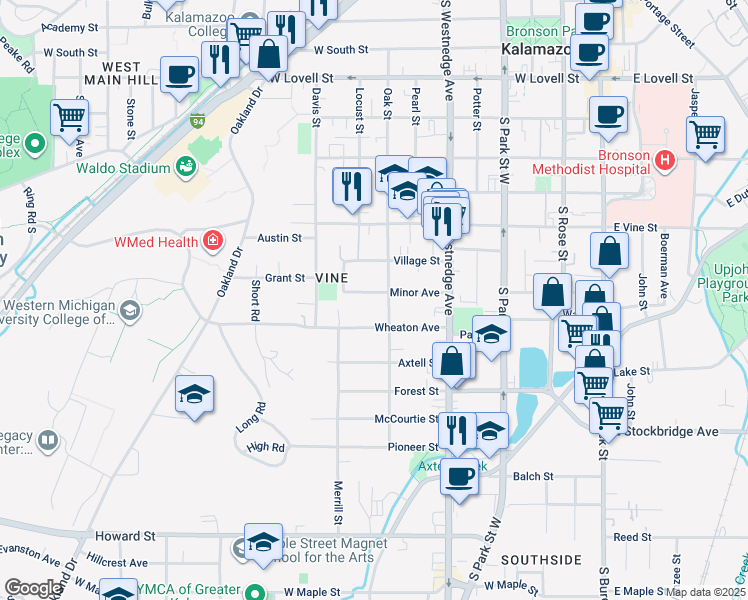 map of restaurants, bars, coffee shops, grocery stores, and more near 716 Minor Avenue in Kalamazoo