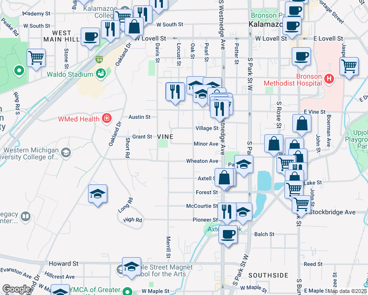 map of restaurants, bars, coffee shops, grocery stores, and more near 716 Minor Avenue in Kalamazoo