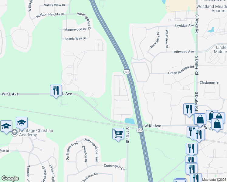 map of restaurants, bars, coffee shops, grocery stores, and more near 5792 East Jefferson Commons Circle in Kalamazoo