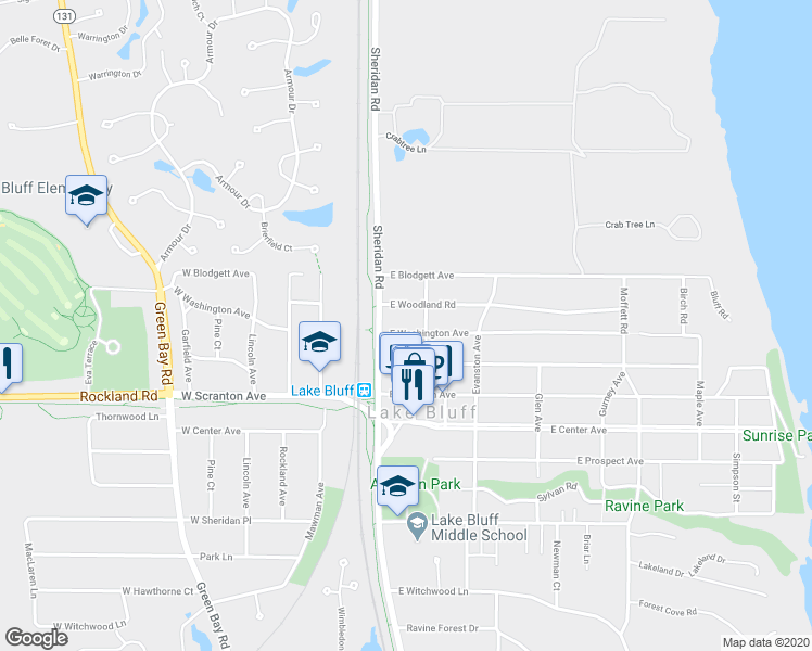 map of restaurants, bars, coffee shops, grocery stores, and more near 29 East Woodland Road in Lake Bluff