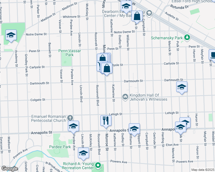 map of restaurants, bars, coffee shops, grocery stores, and more near 3902 Monroe Street in Dearborn Heights
