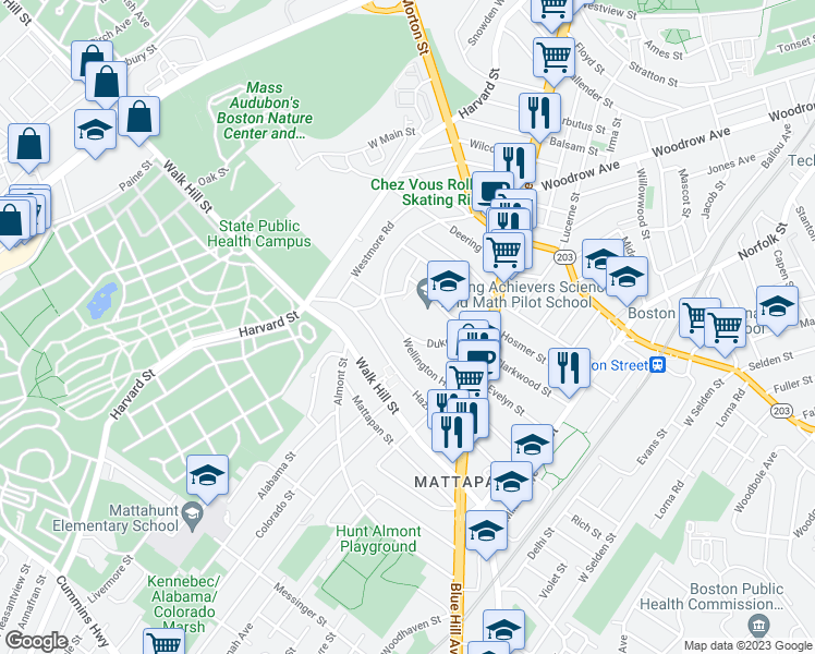 map of restaurants, bars, coffee shops, grocery stores, and more near 71 Wellington Hill Street in Boston