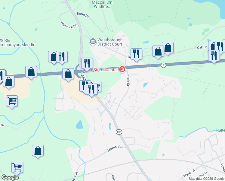map of restaurants, bars, coffee shops, grocery stores, and more near 153 Milk Street in Westborough