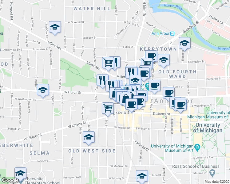 map of restaurants, bars, coffee shops, grocery stores, and more near 300 West Huron Street in Ann Arbor