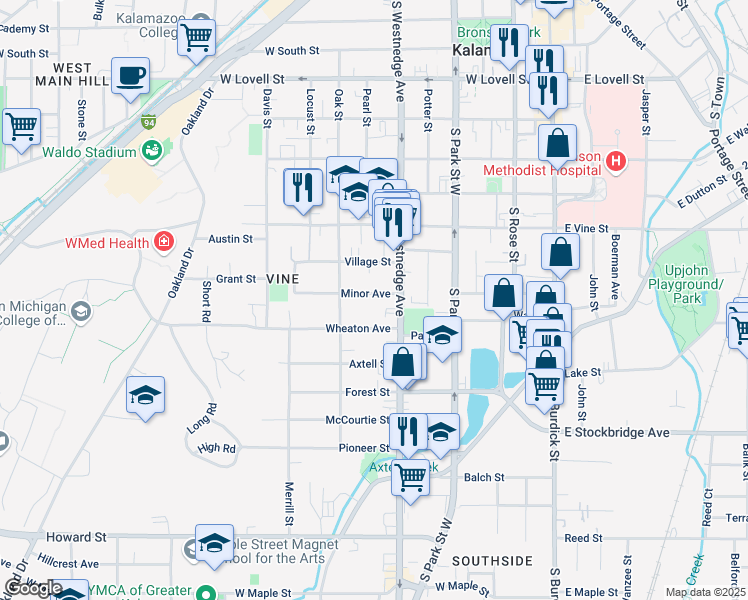 map of restaurants, bars, coffee shops, grocery stores, and more near 525 Minor Avenue in Kalamazoo