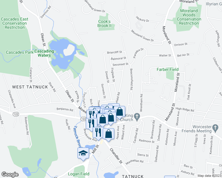 map of restaurants, bars, coffee shops, grocery stores, and more near 14 Drexel Street in Worcester