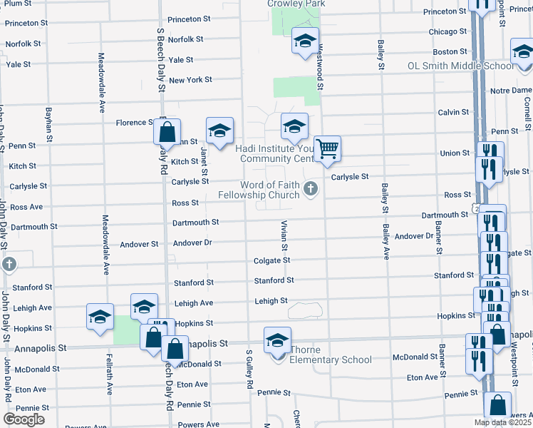 map of restaurants, bars, coffee shops, grocery stores, and more near 3769 Heritage Parkway in Dearborn