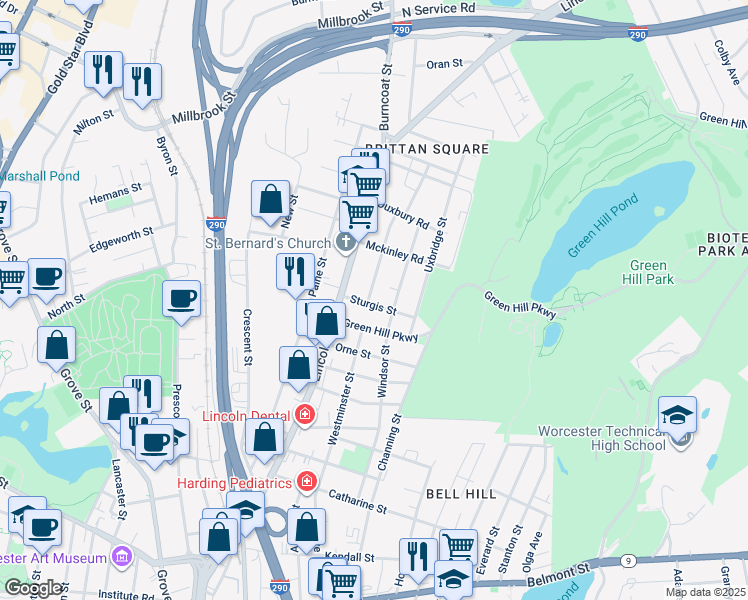 map of restaurants, bars, coffee shops, grocery stores, and more near 7 Sturgis Street in Worcester