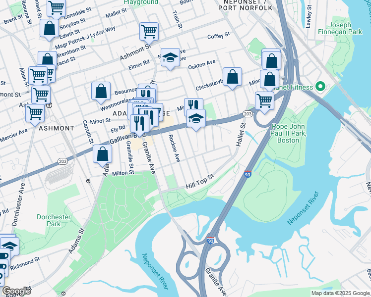 map of restaurants, bars, coffee shops, grocery stores, and more near 51 Crockett Avenue in Boston