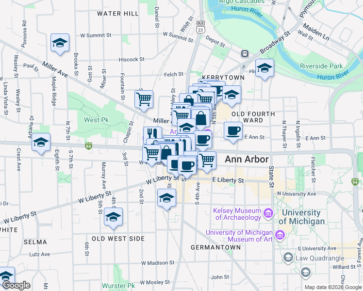 map of restaurants, bars, coffee shops, grocery stores, and more near 101 North Main Street in Ann Arbor
