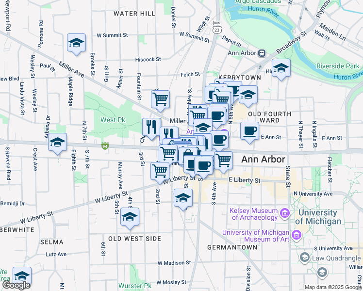 map of restaurants, bars, coffee shops, grocery stores, and more near 115 North 1st Street in Ann Arbor