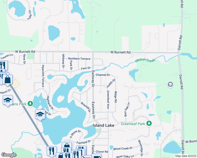 map of restaurants, bars, coffee shops, grocery stores, and more near 3303 Woodland Circle South in Island Lake