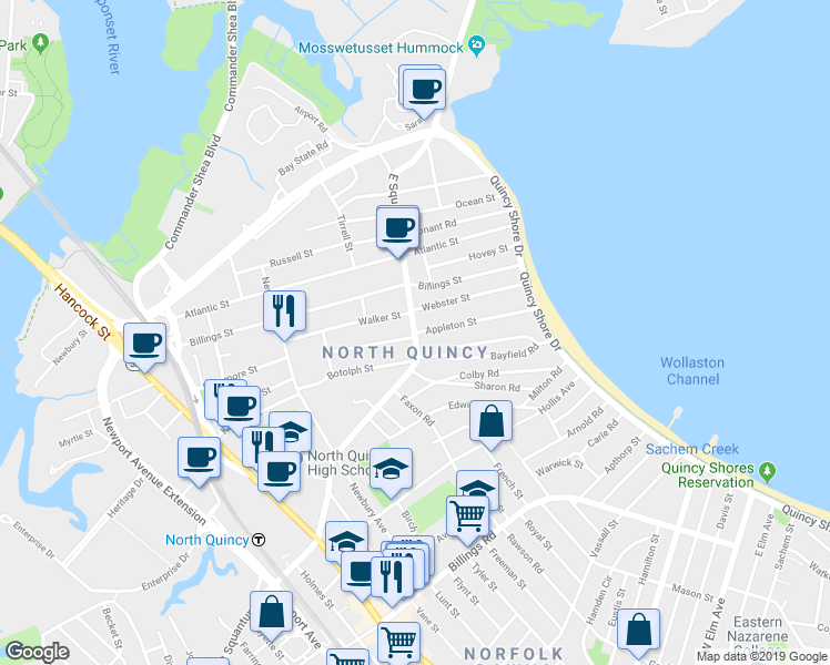 map of restaurants, bars, coffee shops, grocery stores, and more near E Squantum St & Appleton St in Quincy