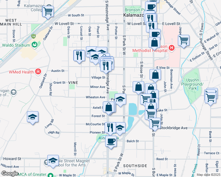 map of restaurants, bars, coffee shops, grocery stores, and more near South Westnedge Avenue in Kalamazoo