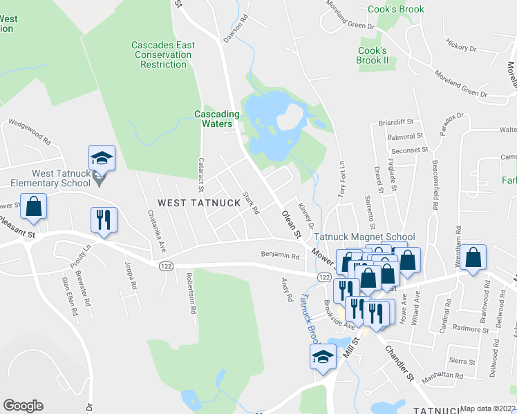 map of restaurants, bars, coffee shops, grocery stores, and more near 16 Stark Road in Worcester