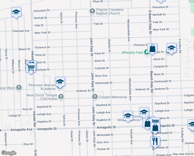 map of restaurants, bars, coffee shops, grocery stores, and more near 26450 Ross Street in Inkster