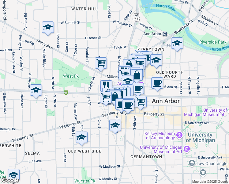 map of restaurants, bars, coffee shops, grocery stores, and more near 120 North Ashley Street in Ann Arbor