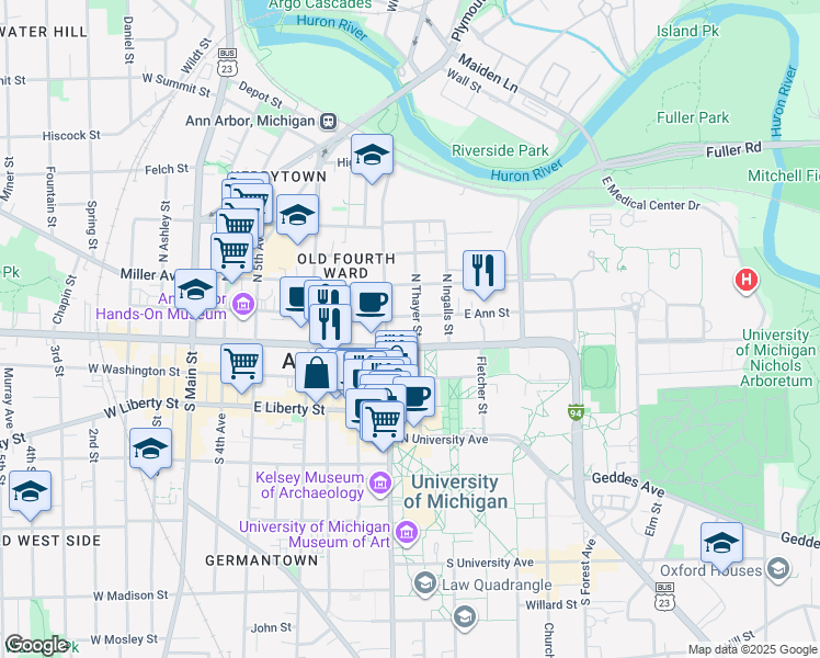 map of restaurants, bars, coffee shops, grocery stores, and more near 117 North Thayer Street in Ann Arbor