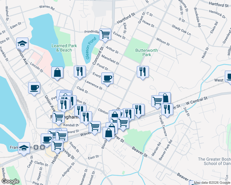 map of restaurants, bars, coffee shops, grocery stores, and more near 7 Everit Circle in Framingham