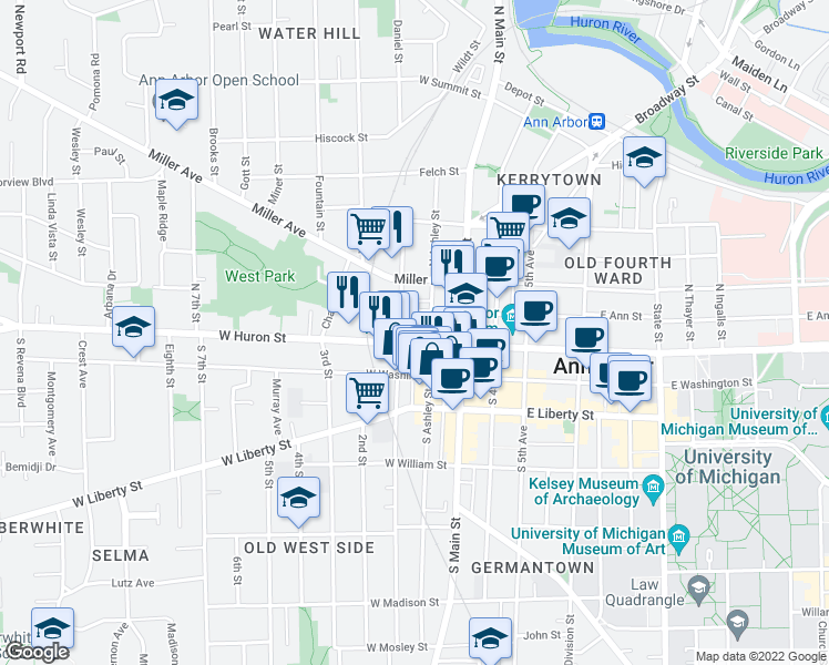 map of restaurants, bars, coffee shops, grocery stores, and more near 115 North 1st Street in Ann Arbor