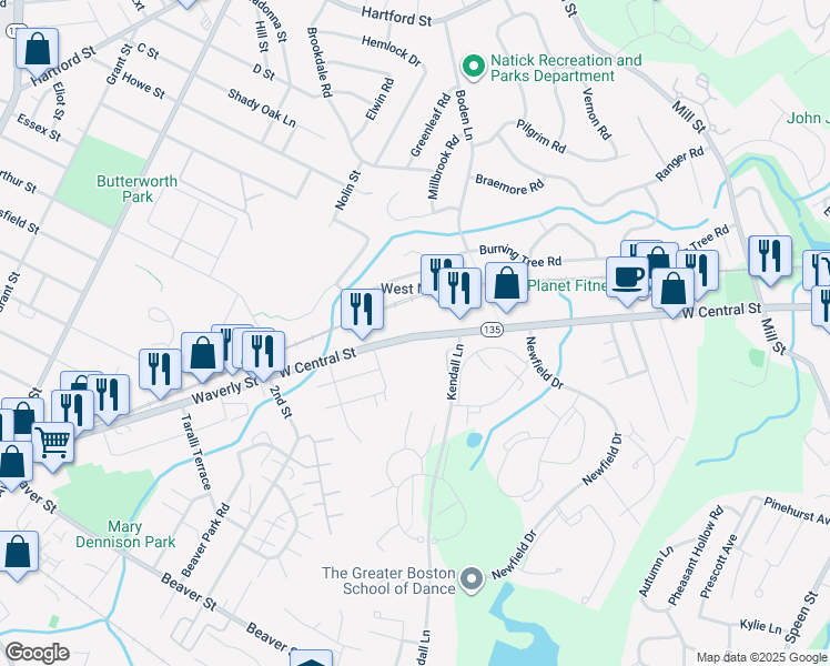 map of restaurants, bars, coffee shops, grocery stores, and more near 283 West Central Street in Natick
