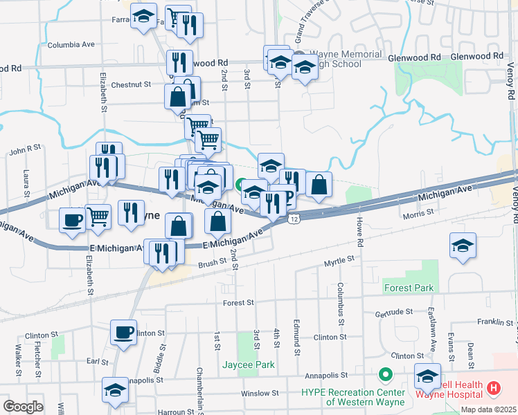 map of restaurants, bars, coffee shops, grocery stores, and more near 34500 West Michigan Avenue in Wayne