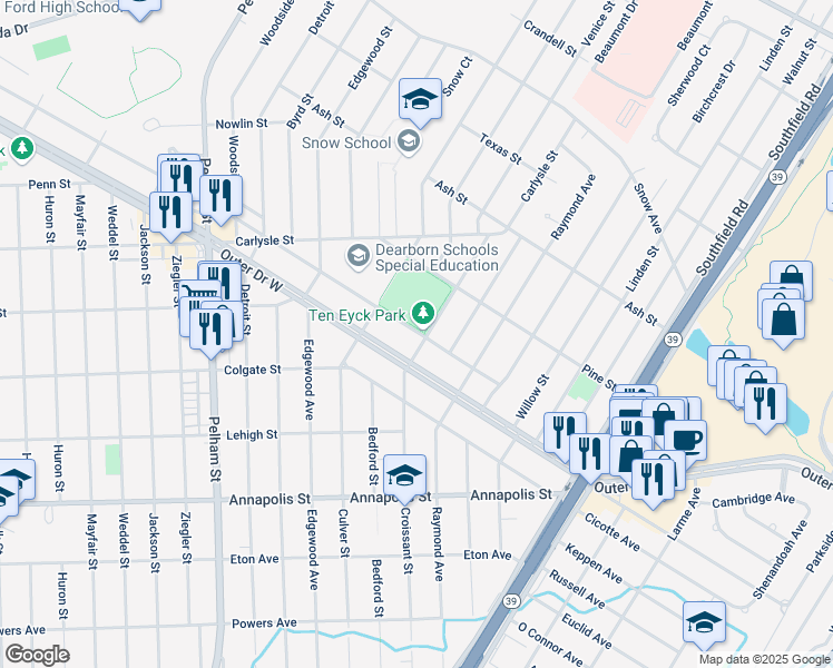 map of restaurants, bars, coffee shops, grocery stores, and more near 18355 Audette Street in Dearborn
