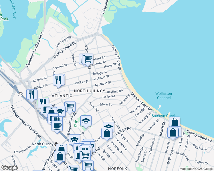 map of restaurants, bars, coffee shops, grocery stores, and more near 46 Appleton Street in Quincy