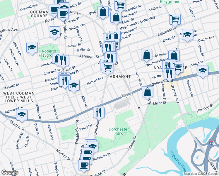 map of restaurants, bars, coffee shops, grocery stores, and more near 6 Magdala Street in Boston